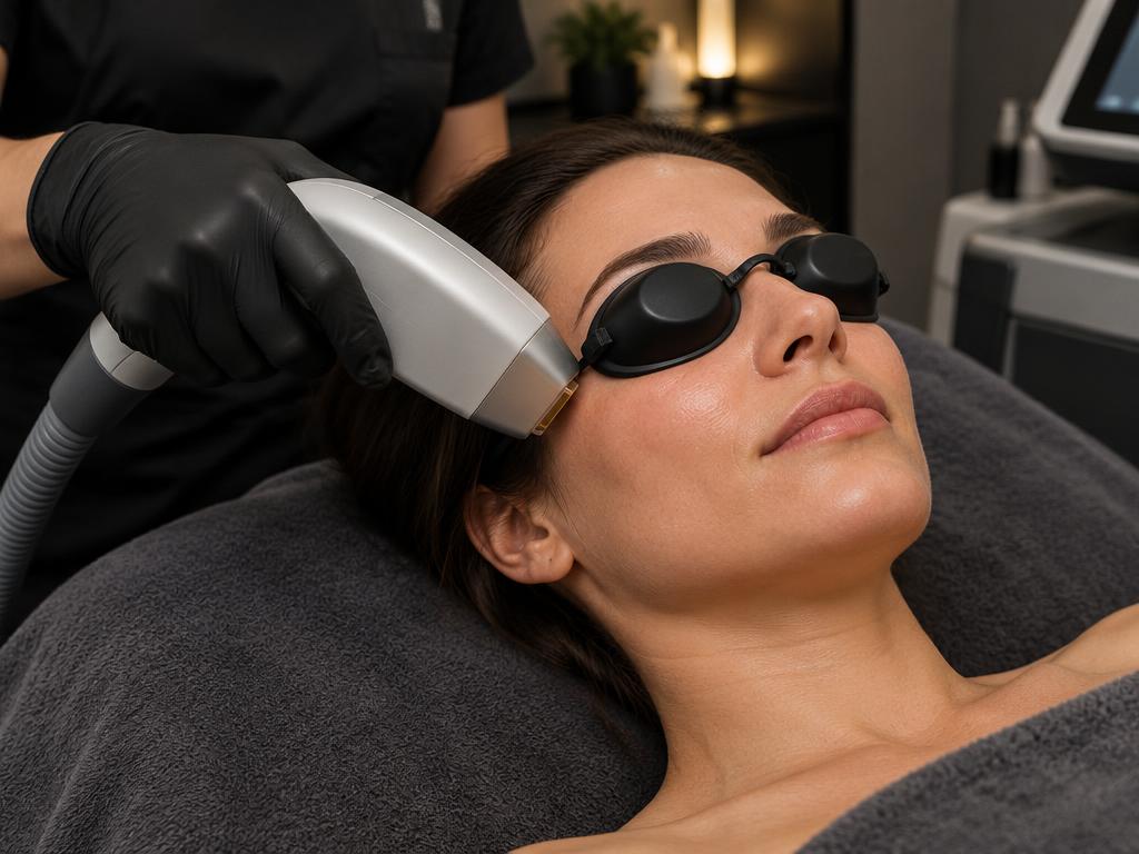 Editorial illustration of laser care with protective eyewear